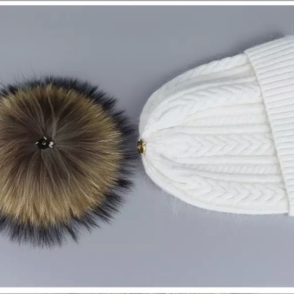 Gray Angora Fur Pompom Cable Knit Beanie - Picture 4 of 4